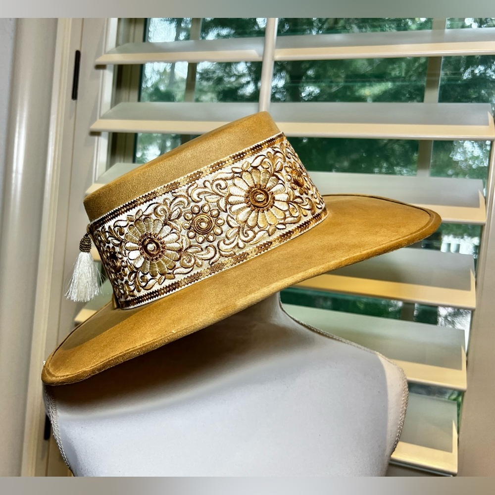 Hats N Roses Boater Sofia in Hazelnut w/ Floral Embroidered Band & Short Tassel